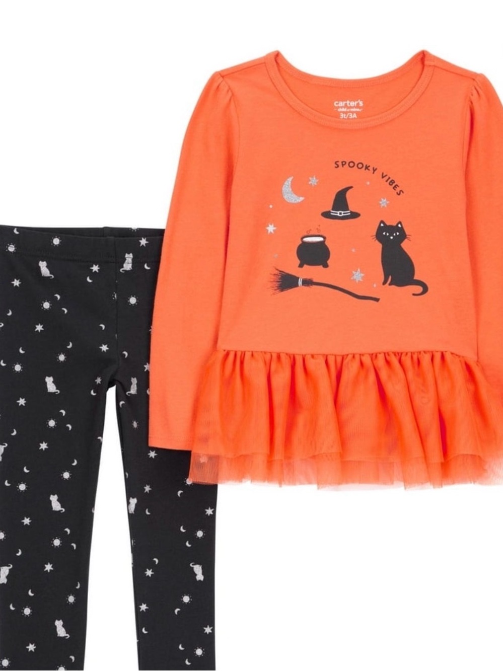Carter's Orange Halloween Tulle Hem Top with Black Cat Moon Leggings